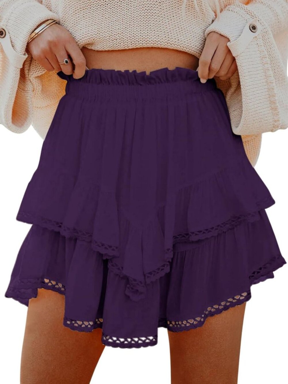 Women's Dark Purple Ruffle Tiered Skorts High Waist Mini Skirt Golf Tennis Short